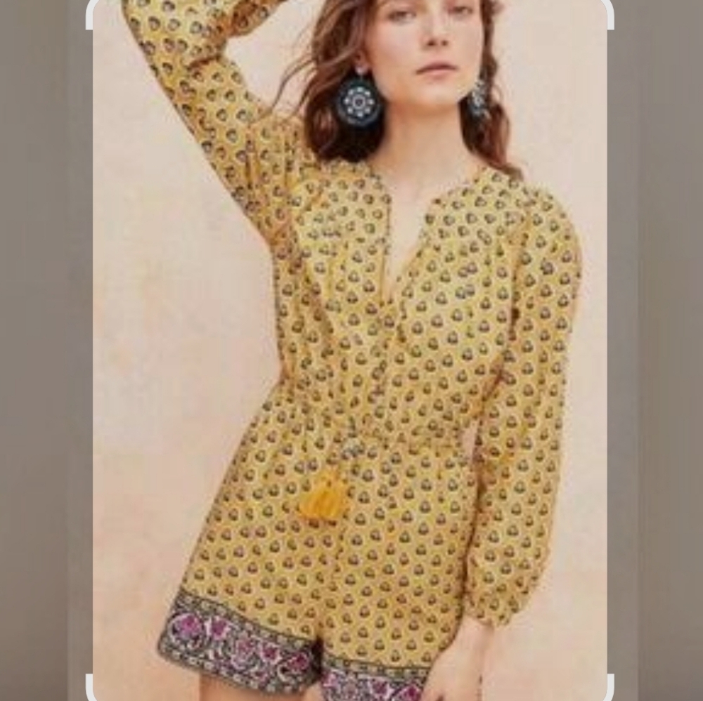 J. Crew Yellow Printed Tassel Tie Romper